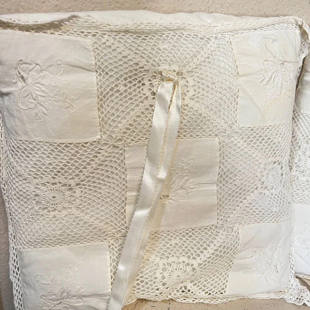 Vintage Handmade Crocheted Embroidered Cream Color Throw Pillows Two Set‎